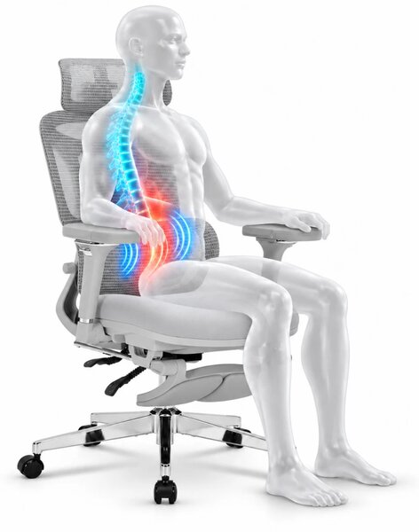 ErgoForma Relax Soft 6D MU500 — Scaun ergonomic cu Masaj lombar și Încălzire, Spătar reglabil pe înălțime în 5 trepte, Cotiere 6D rabatabilă, Tetieră 3D, Șezut cu spumă, culisant, Înclinare 135°, Suport pentru picioare, Mesh, Gri