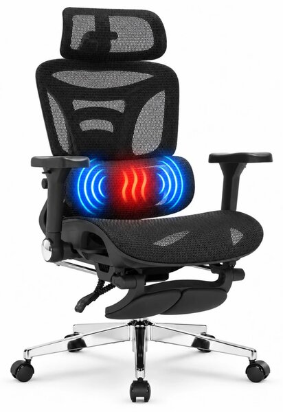 ErgoForma Relax 5D MU500 — Scaun ergonomic cu Masaj lombar și Încălzire, Spătar reglabil pe înălțime în 5 trepte, Cotiere 5D, Tetieră 3D, Șezut culisant, Înclinare 135°, Suport pentru picioare, Mesh, Negru