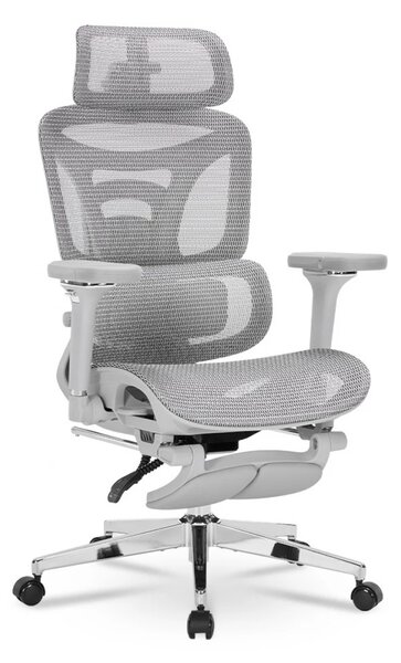 ErgoForma Relax 6D MU500 — Scaun ergonomic cu Masaj lombar și Încălzire, Spătar reglabil pe înălțime în 5 trepte, Cotiere 6D rabatabile, Tetieră 3D, Șezut culisant, Înclinare 135°, Suport pentru picioare, Mesh, Gri