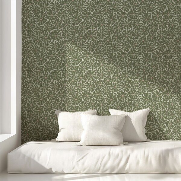 Tapet Flori mari conturate pe un fundal verde, Tapet flori, a01234 : Uwalls.ro