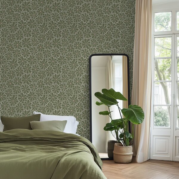 Tapet Flori mari conturate pe un fundal verde, Tapet flori, a01234 : Uwalls.ro