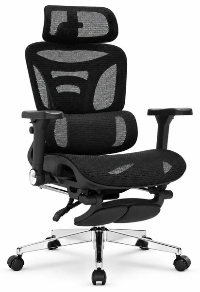 ErgoForma Relax 5D MU500 — Scaun ergonomic cu Masaj lombar și Încălzire, Spătar reglabil pe înălțime în 5 trepte, Cotiere 5D, Tetieră 3D, Șezut culisant, Înclinare 135°, Suport pentru picioare, Mesh, Negru