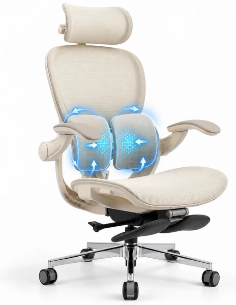 Scaun ergonomic ANEW ARYSE D5, Suport lombar dual 360°, Tetieră 4D, Șezut Zero-Pressure Frameless Mesh, Cotiere Flip-Back 4 poziții, Reclinare 135°, Suport picioare, Bej