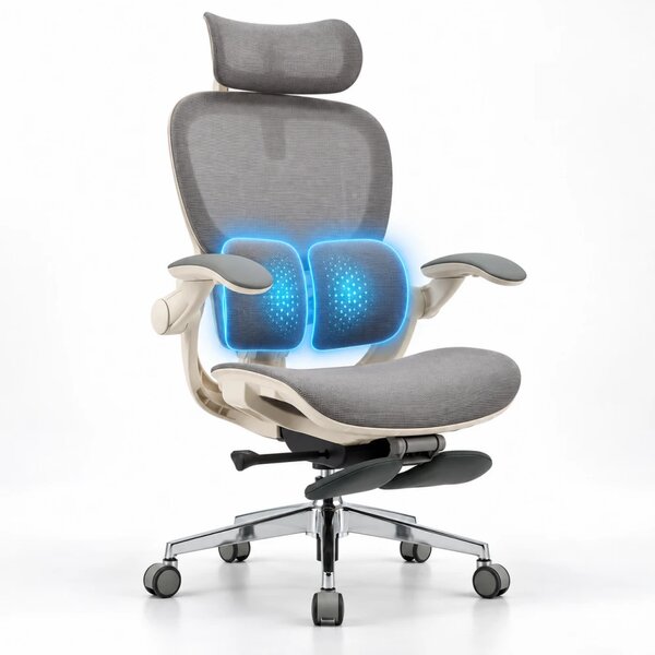 Scaun ergonomic ANEW ARYSE D5, Suport lombar dual 360°, Tetieră 4D, Șezut Zero-Pressure Frameless Mesh, Cotiere Flip-Back 4 poziții, Reclinare 135°, Suport picioare, Gri