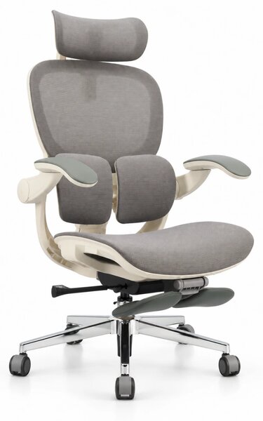 Scaun ergonomic ANEW ARYSE D5, Suport lombar dual 360°, Tetieră 4D, Șezut Zero-Pressure Frameless Mesh, Cotiere Flip-Back 4 poziții, Reclinare 135°, Suport picioare, Gri