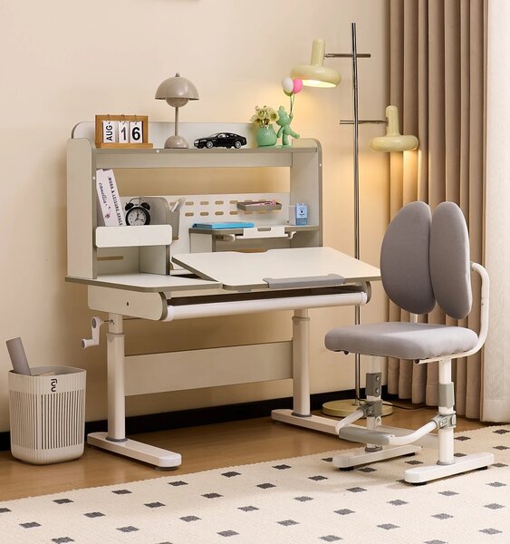 Set birou și scaun ergonomic pentru copii, înălțime reglabilă, blat înclinabil, spătar dublu adaptiv, rafturi și sertar organizator, 100 × 60 cm, gr