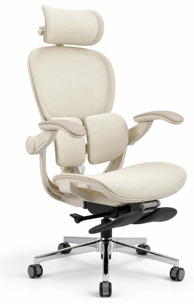 Scaun ergonomic ANEW ARYSE D5, Suport lombar dual 360°, Tetieră 4D, Șezut Zero-Pressure Frameless Mesh, Cotiere Flip-Back 4 poziții, Reclinare 135°, Suport picioare, Bej