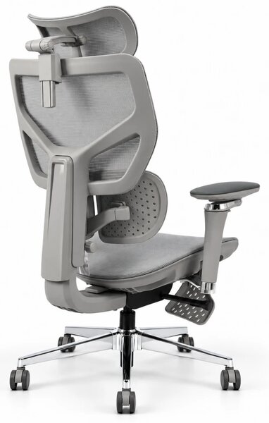 Scaun ergonomic ANEW ARYSE D6, Suport lombar dublu adaptiv 360°, Cotiere 5D, Tetieră 3D, Șezut mesh, Mecanism sensibil la greutate, Bază cromată, Suport pentru picioare, Gri