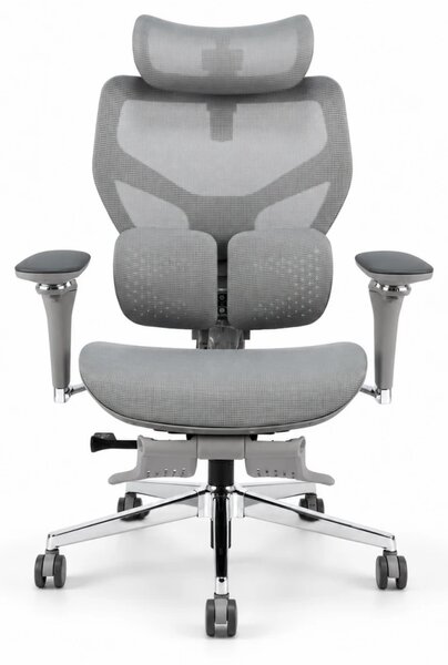 Scaun ergonomic ANEW ARYSE D6, Suport lombar dublu adaptiv 360°, Cotiere 5D, Tetieră 3D, Șezut mesh, Mecanism sensibil la greutate, Bază cromată, Suport pentru picioare, Gri