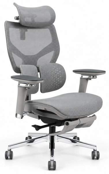 Scaun ergonomic ANEW ARYSE D6, Suport lombar dublu adaptiv 360°, Cotiere 5D, Tetieră 3D, Șezut mesh, Mecanism sensibil la greutate, Bază cromată, Suport pentru picioare, Gri