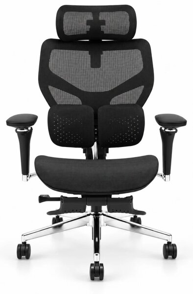 Scaun ergonomic ANEW ARYSE D6, Suport lombar dublu adaptiv 360°, Cotiere 5D, Tetieră 3D, Șezut mesh, Mecanism sensibil la greutate, Bază cromată, Suport pentru picioare, Negru
