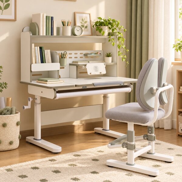 Set birou și scaun ergonomic pentru copii, înălțime reglabilă, blat înclinabil, spătar dublu adaptiv, rafturi și sertar organizator, 100 × 60 cm, gr