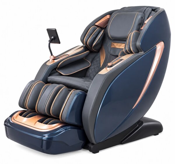 Fotoliu de masaj MAXIMUS, AI voce, Incalzire, Bluetooth, Display, Ecran tactil, Controler rapid cotiera, Zero Gravity, 2 Boxe, Moduri Automate, Suport Picioare extensibil, Piele Ecologica Premium, Albastru