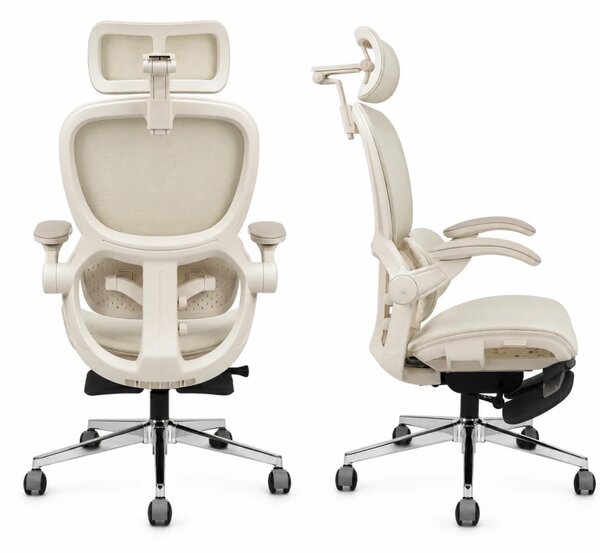 Scaun ergonomic ANEW ARYSE D5, Suport lombar dual 360°, Tetieră 4D, Șezut Zero-Pressure Frameless Mesh, Cotiere Flip-Back 4 poziții, Reclinare 135°, Suport picioare, Bej
