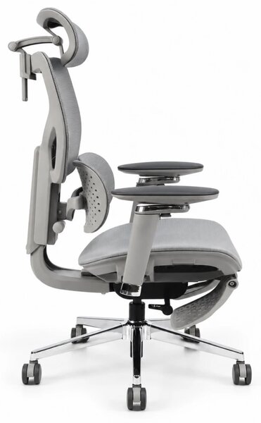 Scaun ergonomic ANEW ARYSE D6, Suport lombar dublu adaptiv 360°, Cotiere 5D, Tetieră 3D, Șezut mesh, Mecanism sensibil la greutate, Bază cromată, Suport pentru picioare, Gri