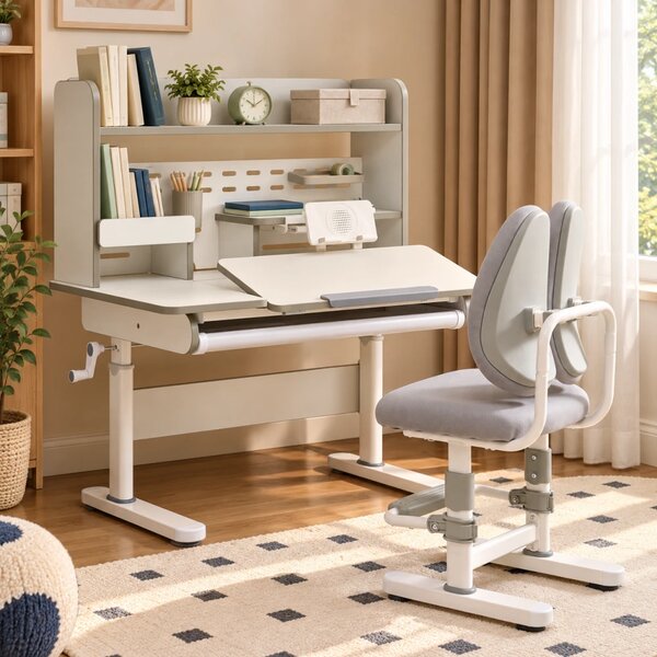 Set birou și scaun ergonomic pentru copii, înălțime reglabilă, blat înclinabil, spătar dublu adaptiv, rafturi și sertar organizator, 100 × 60 cm, gr
