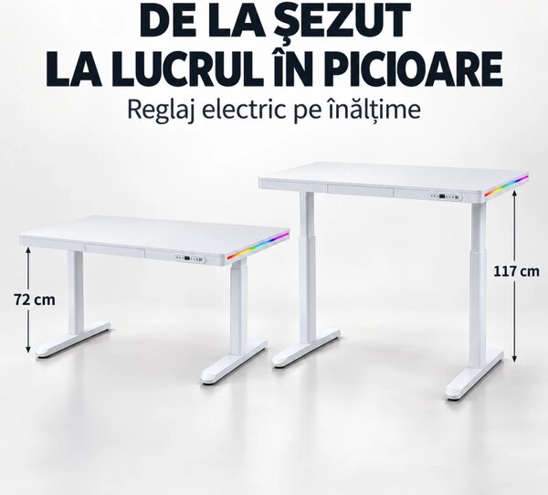 Birou Gaming Electric, Reglabil pe Înălțime 72–117 cm, 2 motoare, iluminare RGB cu telecomandă, încărcare wireless, memorie 2 poziții, sertar integrat, 140× 60 cm, Alb