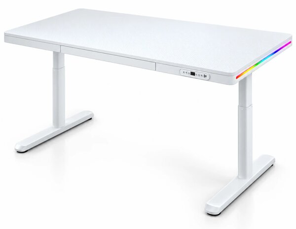 Birou Gaming Electric, Reglabil pe Înălțime 72–117 cm, 2 motoare, iluminare RGB cu telecomandă, încărcare wireless, memorie 2 poziții, sertar integrat, 140× 60 cm, Alb