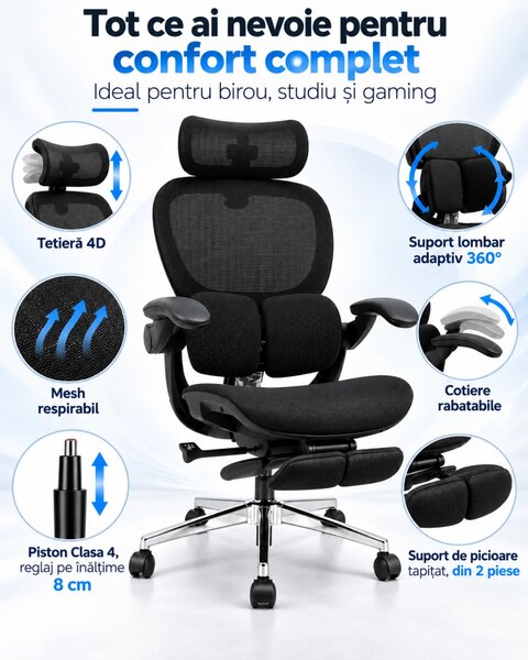 Scaun ergonomic ANEW ARYSE D5, Suport lombar dual 360°, Tetieră 4D, Șezut Zero-Pressure Frameless Mesh, Cotiere Flip-Back 4 poziții, Reclinare 135°, Suport picioare, Negru