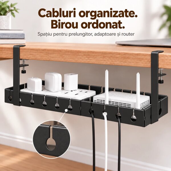 Organizator de cabluri sub birou, extensibil 43–74 cm, lățime 14 cm, prindere fără găurire, oțel carbon, Negru