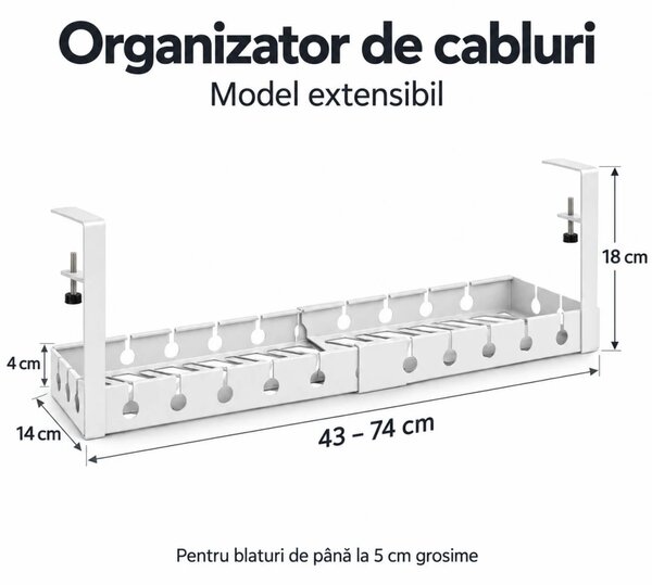 Organizator de cabluri sub birou, extensibil 43–74 cm, lățime 14 cm, prindere fără găurire, oțel carbon, Alb
