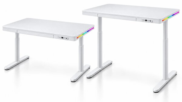 Birou Gaming Electric, Reglabil pe Înălțime 72–117 cm, 2 motoare, iluminare RGB cu telecomandă, încărcare wireless, memorie 2 poziții, sertar integrat, 140× 60 cm, Alb