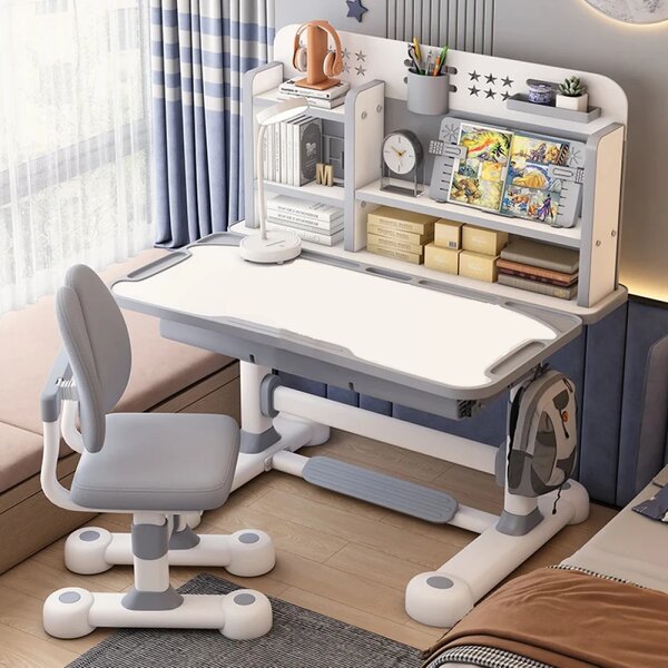Set birou și scaun pentru copii, reglabile pe înălțime, blat înclinabil 0–50°, organizator cu rafturi, 80 × 60 cm, gri