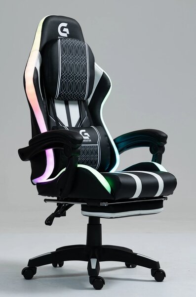 RESIGILAT- Scaun gaming HOFRE, boxe Bluetooth, sistem iluminare bandă LED RGB, masaj în perna lombară, suport picioare, PU, Negru/Alb