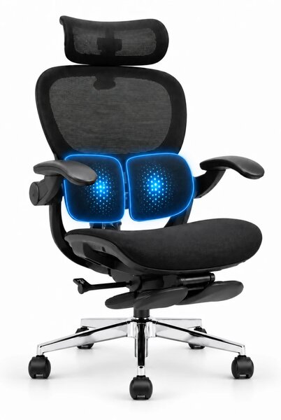 Scaun ergonomic ANEW ARYSE D5, Suport lombar dual 360°, Tetieră 4D, Șezut Zero-Pressure Frameless Mesh, Cotiere Flip-Back 4 poziții, Reclinare 135°, Suport picioare, Negru