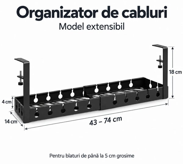 Organizator de cabluri sub birou, extensibil 43–74 cm, lățime 14 cm, prindere fără găurire, oțel carbon, Negru