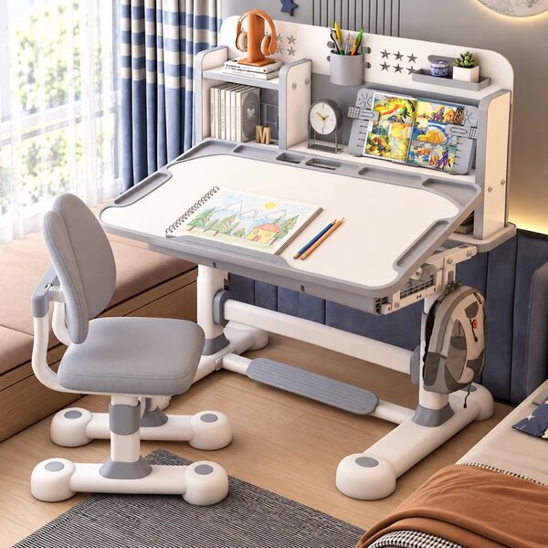 Set birou și scaun pentru copii, reglabile pe înălțime, blat înclinabil 0–50°, organizator cu rafturi, 80 × 60 cm, gri
