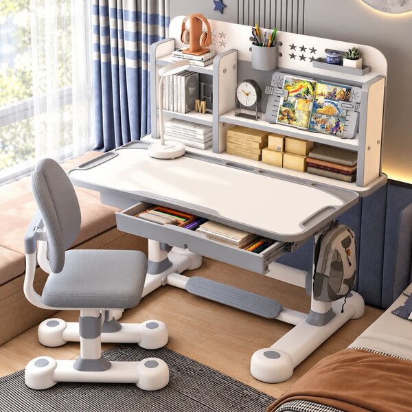 Set birou și scaun pentru copii, reglabile pe înălțime, blat înclinabil 0–50°, organizator cu rafturi, 80 × 60 cm, gri