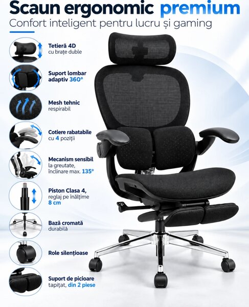 Scaun ergonomic ANEW ARYSE D5, Suport lombar dual 360°, Tetieră 4D, Șezut Zero-Pressure Frameless Mesh, Cotiere Flip-Back 4 poziții, Reclinare 135°, Suport picioare, Negru