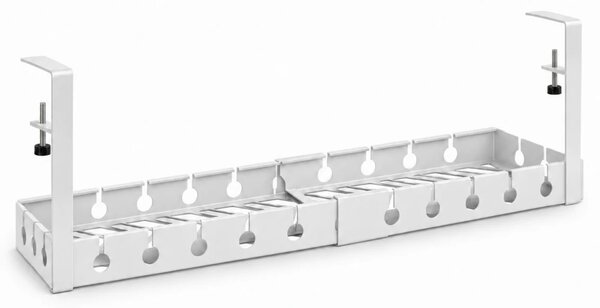 Organizator de cabluri sub birou, extensibil 43–74 cm, lățime 14 cm, prindere fără găurire, oțel carbon, Alb
