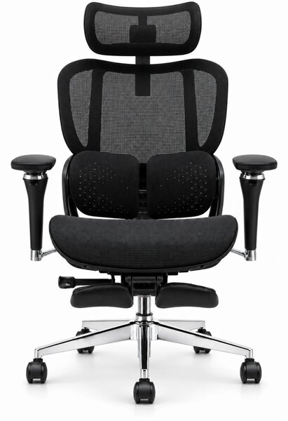 Scaun ergonomic ANEW ARYSE D4 Pro, Suport lombar dual adaptiv 360°, Tetieră 3D, Cotiere 5D, Șezut Glisant Zero-Pressure din Mesh, Suport picioare, Bază metalică, Negru
