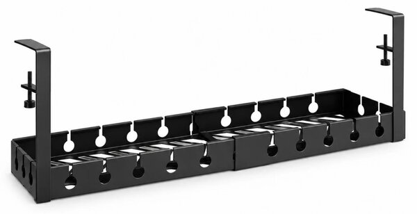 Organizator de cabluri sub birou, extensibil 43–74 cm, lățime 14 cm, prindere fără găurire, oțel carbon, Negru