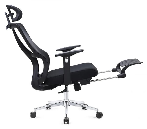 RESIGILAT- Scaun ergonomic, spatar Mesh, sezut textil, tetiera reglabila inaltime, suport picioare, baza metalica, inaltime reglabila, Negru