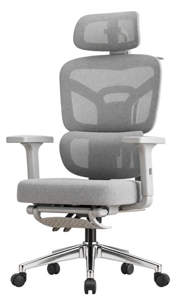 NEXORA CONFORT – Scaun ergonomic, suport lombar 3D adaptiv, tetieră 4D, cotiere 3D, șezut glisant, recliner 135°, suport pentru picioare, bază metalică, Mesh, Gri