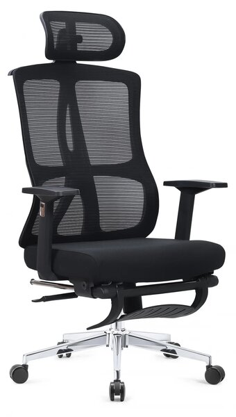 RESIGILAT- Scaun ergonomic, spatar Mesh, sezut textil, tetiera reglabila inaltime, suport picioare, baza metalica, inaltime reglabila, Negru