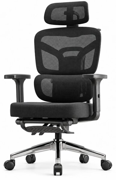 NEXORA CONFORT – Scaun ergonomic, suport lombar 3D adaptiv, tetieră 4D, cotiere 3D, șezut glisant, recliner 135°, suport pentru picioare, bază metalică, Mesh, Negru