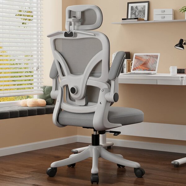 ErgoVision Sponge – Scaun Ergonomic, Suport Lombar Reglabil, Tetieră Reglabilă, Cotiere Rabatabile, Recliner 135°, Umeras, Mesh, Alb/Gri