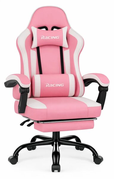 RESIGILAT- Scaun gaming, Masaj în perna lombară, Suport picioare, Rabatabil 90-165°, piele PU, Roz/Alb