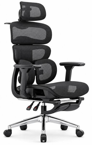 VERTEX PRO – Scaun Ergonomic, Tetieră 4D, Spătar Reglabil pe Înălțime 5 Trepte, Suport Lombar Multipunct, Cotiere 3D, Șezut Mesh Translatabil 5 cm, Recliner 135°, Suport Picioare, Negru