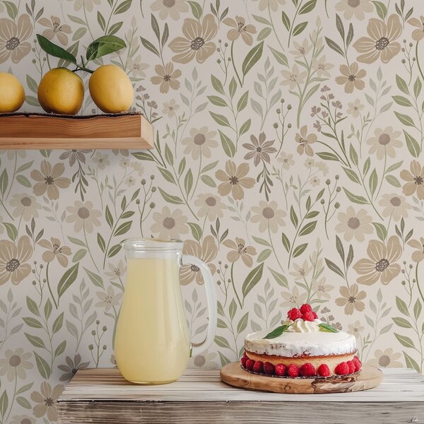 Tapet Flori sălbatice delicate, în nuanțe naturale, Tapet flori, a01238 : Uwalls.ro