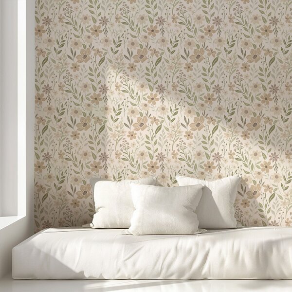 Tapet Flori sălbatice delicate, în nuanțe naturale, Tapet flori, a01238 : Uwalls.ro