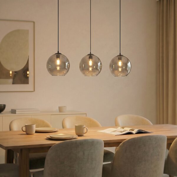Lucande Lampa suspendată Brillar, gri fumuriu, sticlă, 3 becuri, 128 cm, reglabil, Gri, Camera de zi / sufragerie, Sticlă, Modern