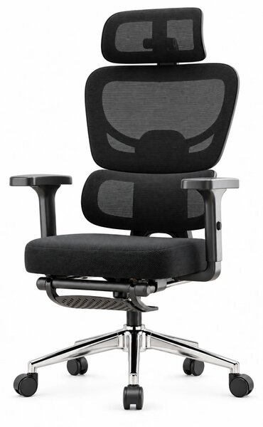 VARENO-H – Scaun ergonomic cu tetieră 4D, șezut culisant, suport lombar, cotiere 3D, reclinare 135°, suport pentru picioare, Negru