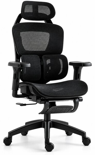 DOWINX H09 - Scaun Ergonomic, Suport lombar dublu reglabil, Tetieră 3D, Cotiere 3D, Înclinare 90°–135°, Suport picioare retractabil, Mesh, Negru