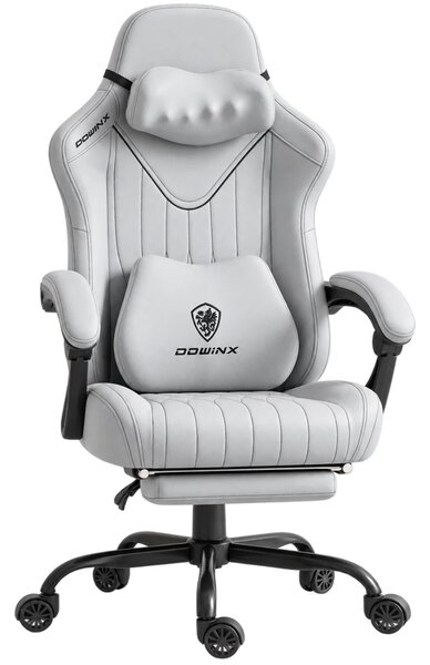 DOWINX 66D59A - Scaun Gaming Ergonomic cu Masaj Shiatsu Cervical cu Încalzire, Masaj lombar, Șezut cu arcuri, Reclinare 90°–145°, Suport picioare, Material respirabil, Gri