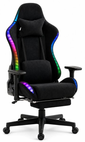 RESIGILAT- Scaun Gaming cu Masaj 7 Puncte și Încălzire, RGB, Iluminare LED Multicolor, Telecomenzi, Cotiere 3D, Reclinare 180°, Suport Picioare, Catifea, Negru